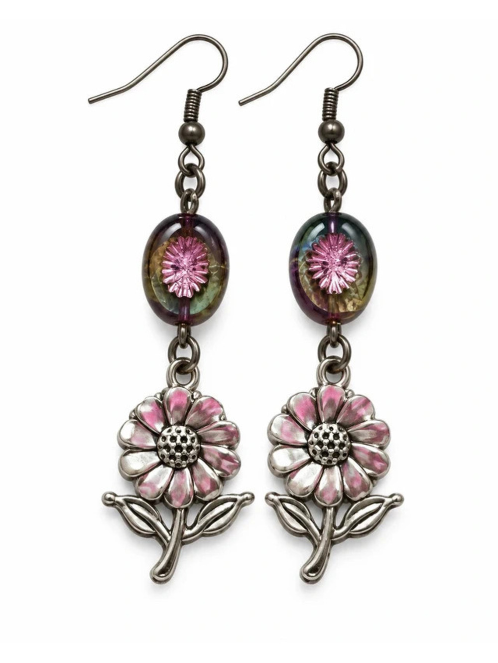 Pink Silver Flower Dangle Earrings